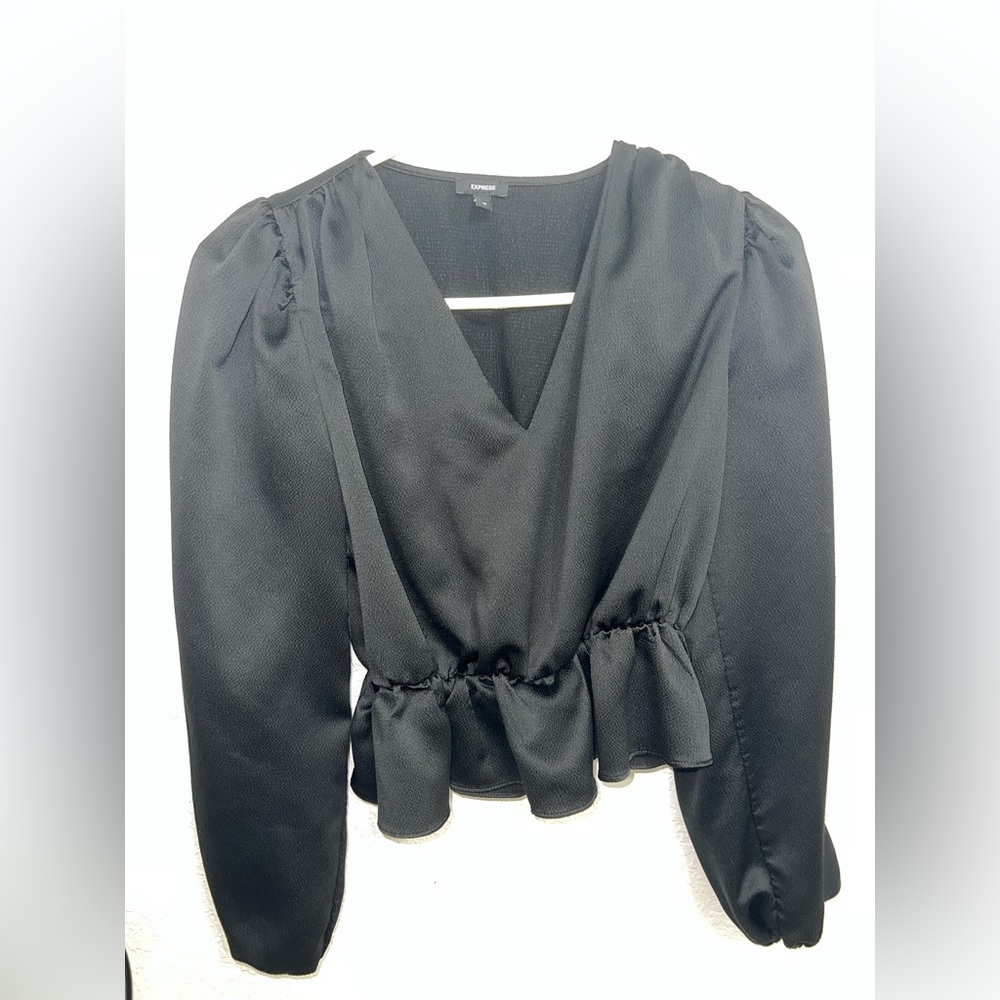 Express Black Puff Sleeve Ruched Peplum Blouse